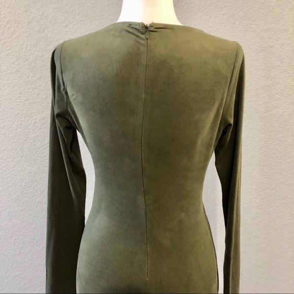 Solemio asymmetrical hem faux suede olive green long sleeve bodycon v-neck dress - Picture 11 of 13